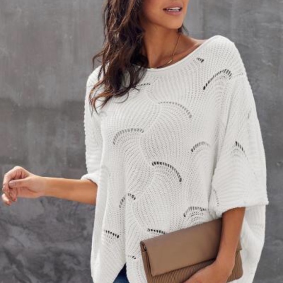 White open weave wave design pullover sweater - Picture 2 of 5